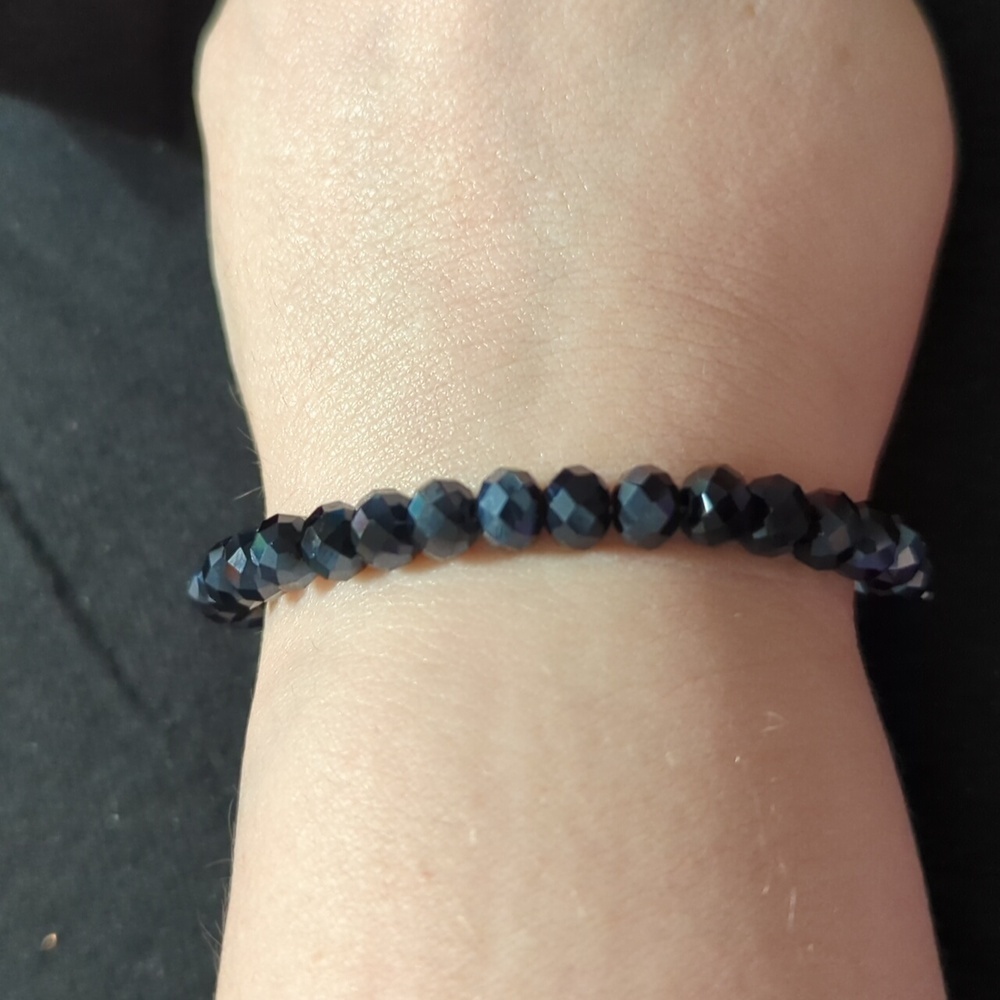 Black Faceted Fire Polished Crystal Beaded Stretchy Elastic Statement Bracelet